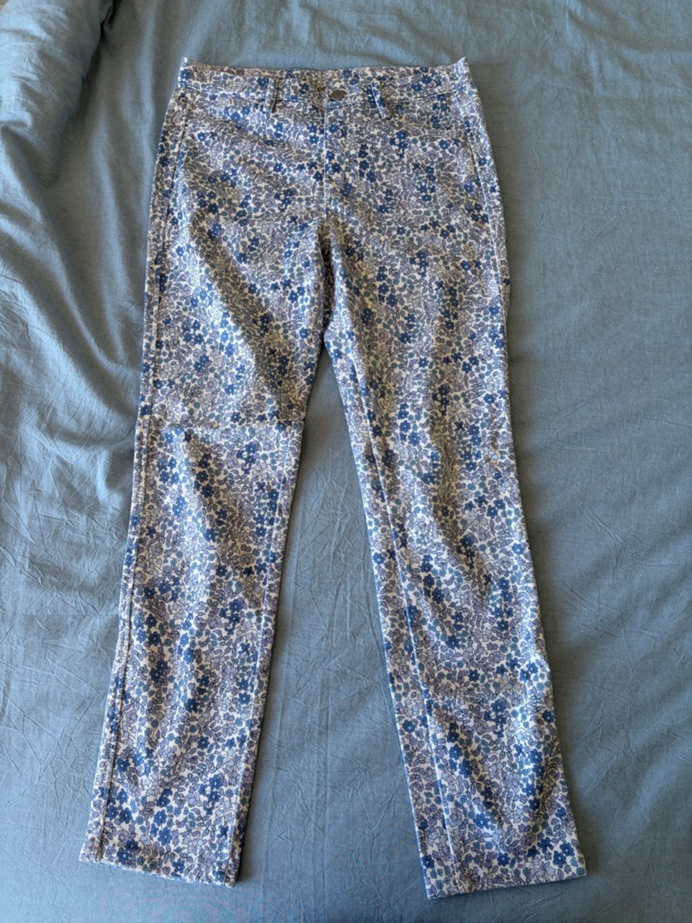 Uniqlo White Pants with Blue Floral Trim